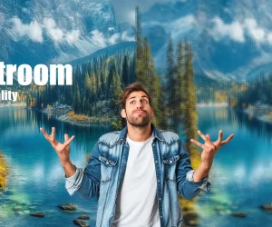 A confused man in a denim jacket stands in front of a beautiful landscape photo split between high and low export quality in Lightroom, with the text 'Lightroom Export Quality' in bold white font.