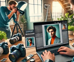 A young photographer exporting a photo for a LinkedIn profile using Lightroom, while another photographer takes a portrait photo of a man for his LinkedIn profile picture.