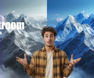 A young man standing in front of a split mountain landscape showcasing the before and after effects of using Lightroom HDR plugins, highlighting the enhanced vibrant and dramatic details of the snow-covered peaks.