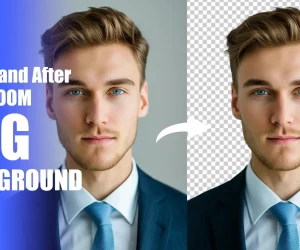 Before and after image showing the removal of a background using Lightroom PNG background editing. The left side displays a professional headshot with a solid background, while the right side shows the background removed, leaving a transparent PNG background.