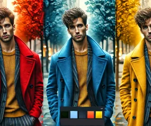 Same man standing next to himself, each wearing a different colored coat: one red, one blue, and one yellow, demonstrating the Lightroom replace color feature.