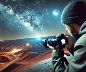 Photographer capturing the night sky with a camera, demonstrating Lightroom settings for night photography, under a vibrant starry sky with clear textures and natural lighting.