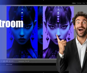 A man in a suit enthusiastically points to a split-color edited portrait in Adobe Lightroom, with the words 'Lightroom Tutorial' in bold white font on the left side of the image.