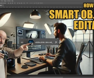 How to make smart object editable in Photoshop, showing a designer working on a computer with a photographer explaining the process.