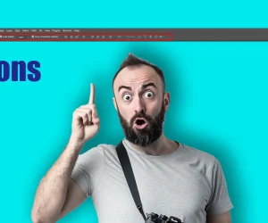 Man pointing up with a surprised expression, highlighting the Options Bar in Photoshop interface.