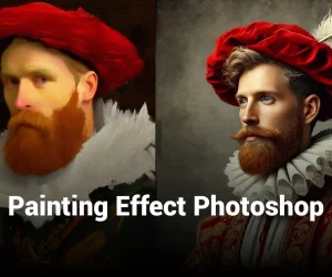 Portrait of a man in a historical outfit with a red hat and feather, demonstrating a Photoshop painting effect. The left side of the image is painted in Van Gogh's style with bold, expressive brush strokes, while the right side remains a realistic photo.