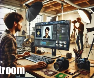 A photographer editing a passport photo in Adobe Lightroom on a desktop computer in a professional studio setting, with cameras and passport books on the desk.