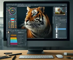 A computer screen displaying Adobe Photoshop with multiple image layers visible, showcasing a high-quality photo of an exotic animal, specifically a tiger. The workspace includes a 'Layers' panel with several image thumbnails stacked, emphasizing the process of adding an image to a layer in a minimalist, clean workspace.