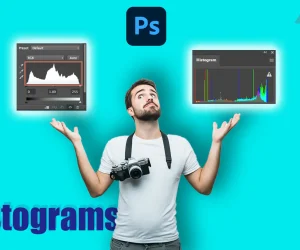 Man looking up with arms raised, showing examples of Photoshop Histograms in the background.