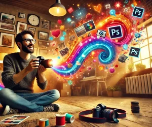 A smiling photographer in his cozy studio, surrounded by a gentle wave of creative ideas and Photoshop lessons, holding a camera in hand with soft, muted tones in the background
