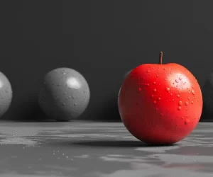 A red apple with water droplets stands out against a backdrop of grayscale spheres on a reflective surface.