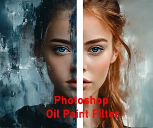 Side-by-side comparison of a portrait with and without the Photoshop oil paint filter, showcasing the transformation from a detailed image to a painterly effect.