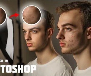 Side-by-side comparison of skin before and after Photoshop retouch, showing the effects of skin retouching techniques.