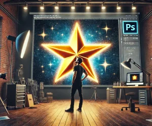 A photographer stands in his studio, looking up in awe at a large screen displaying a glowing star shape, resembling the Photoshop star tool. The studio is filled with photography gear, and his expression conveys surprise and humor, as he adjusts his glasses, captivated by the scene