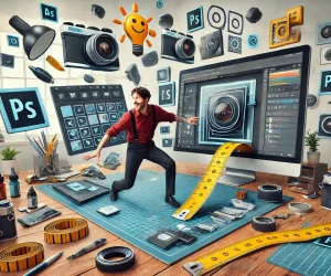 A playful scene where a photographer with a plain white head arranges oversized, floating Photoshop layout elements like layers and grids in a chaotic workspace filled with photography gear