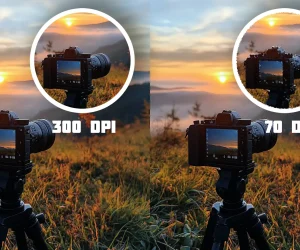 A side-by-side comparison of an image printed at 300 DPI versus 70 DPI. The 300 DPI image is clear and sharp, while the 70 DPI image appears pixelated. A camera on a tripod captures a landscape with a setting sun, emphasizing the difference in print quality.