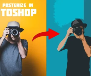Comparison of a sharp and a pixelated image of a photographer holding a camera, showcasing the effect of simplifying colors of an image using Ps