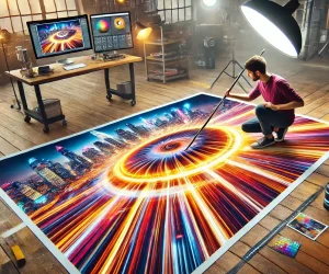 A young photographer creating a radial blur effect on a large photo laid on the floor, steering the image to visually represent the radial blur Lightroom effect in a colorful environment.