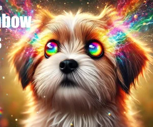 Creative digital artwork of a dog with vibrant rainbow eyes and colorful effects, demonstrating how to create rainbow eyes in Photoshop.