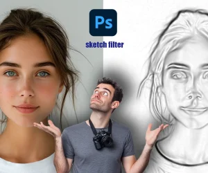 Comparison of a portrait and its sketch version created using the Sketch Filter in Photoshop.