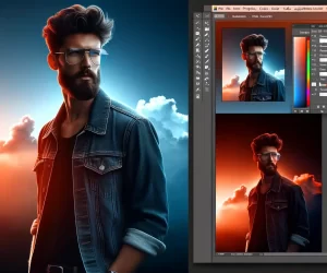 Fashionable bearded man with glasses stands against a gradient backdrop with an elaborate interface to his right.