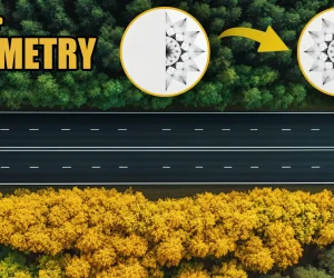 Photoshop Symmetry Tool illustration featuring a highway with symmetrical tree patterns on both sides and mandala designs showcasing the symmetry tool's capabilities